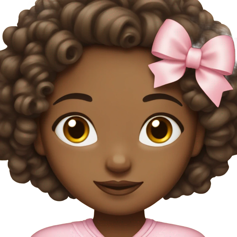 Brunette curls with a pastel pink bow on a brown girl emoji