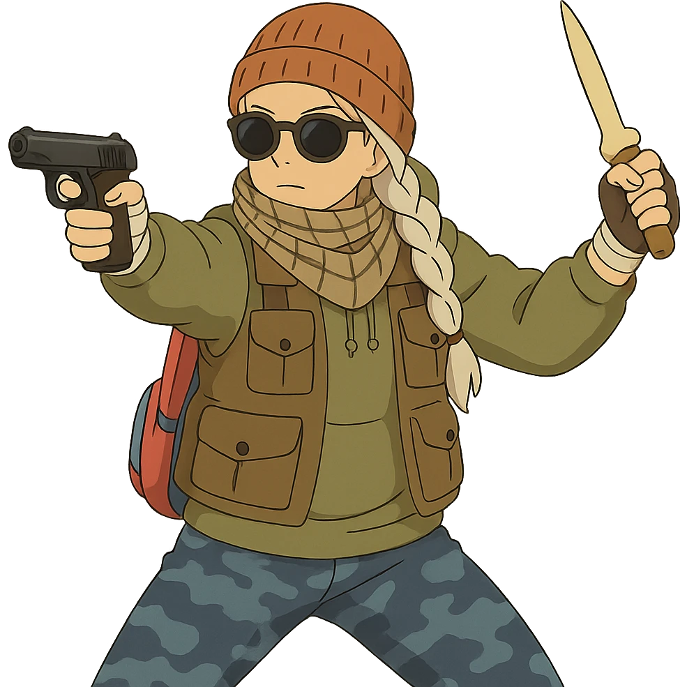 1 female, long white braid, knit cap, dark sunglasses, shemegh neckwrap, fishing vest, vibrant shool backpack, drab hoodie, handwraps, blue camo pants, makarov in 1 hand, bone shiv up and fighting backhand in the other hand emoji