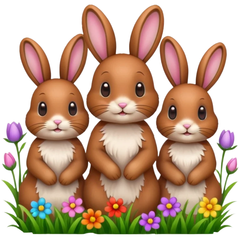 3 Bunny's standing in grass field with flowers happy looking foward emoji