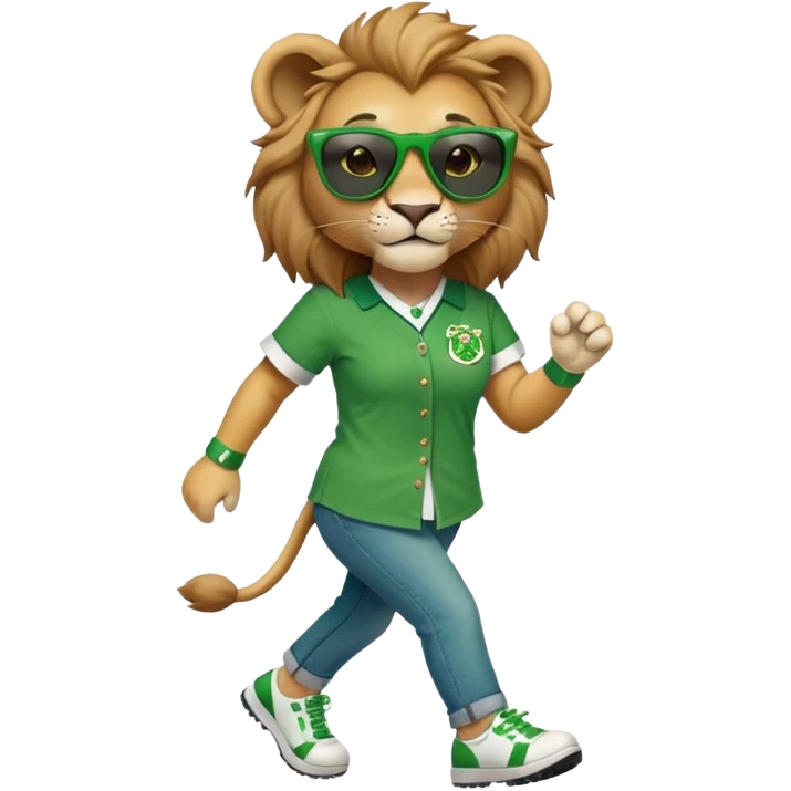 friendly anthropomorphised female lion wearing green and white baseball shirt, jeans, festive St. Patrick's Day accessories, dark sunglasses, walking upright with confident stride emoji
