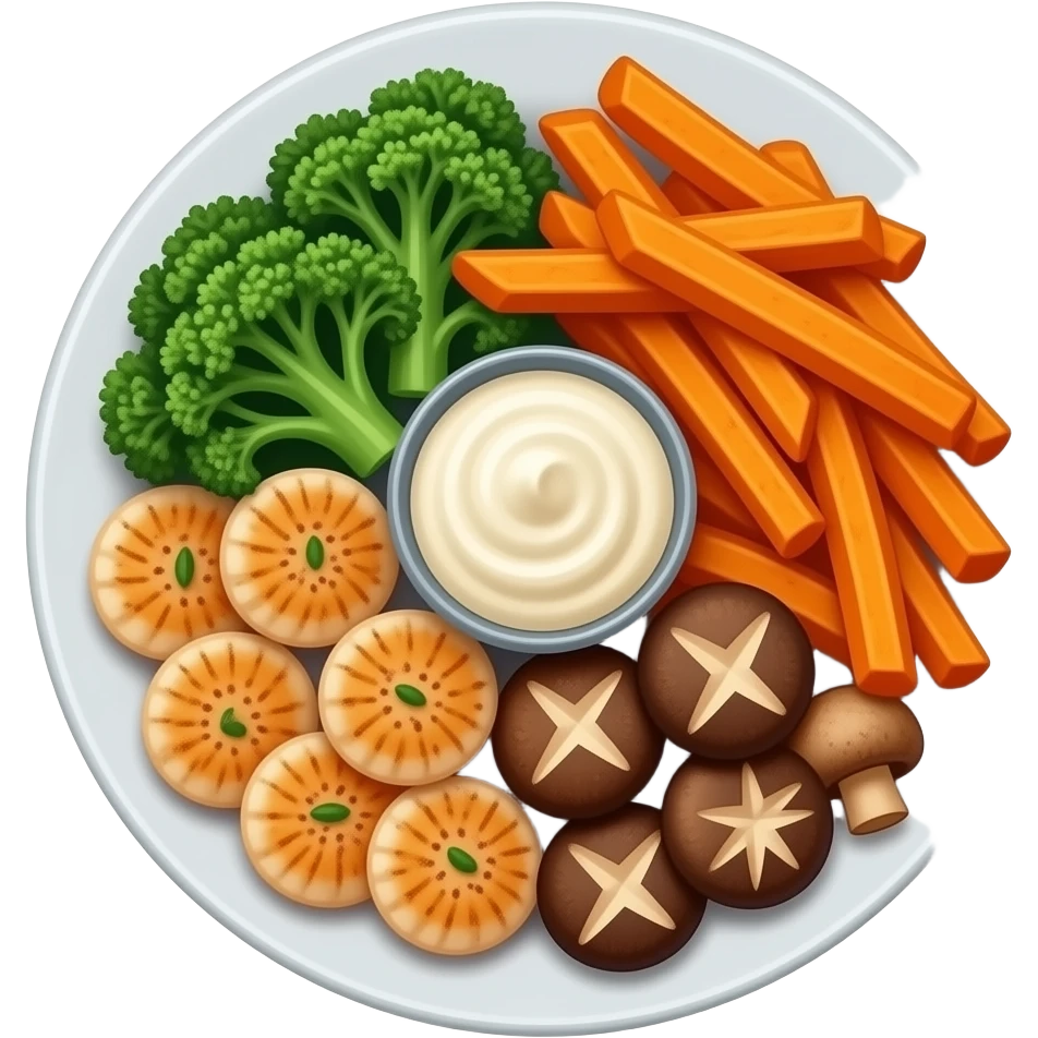 Realistic plate of sweet potato fries, kale, scallops, mushrooms and sour cream emoji