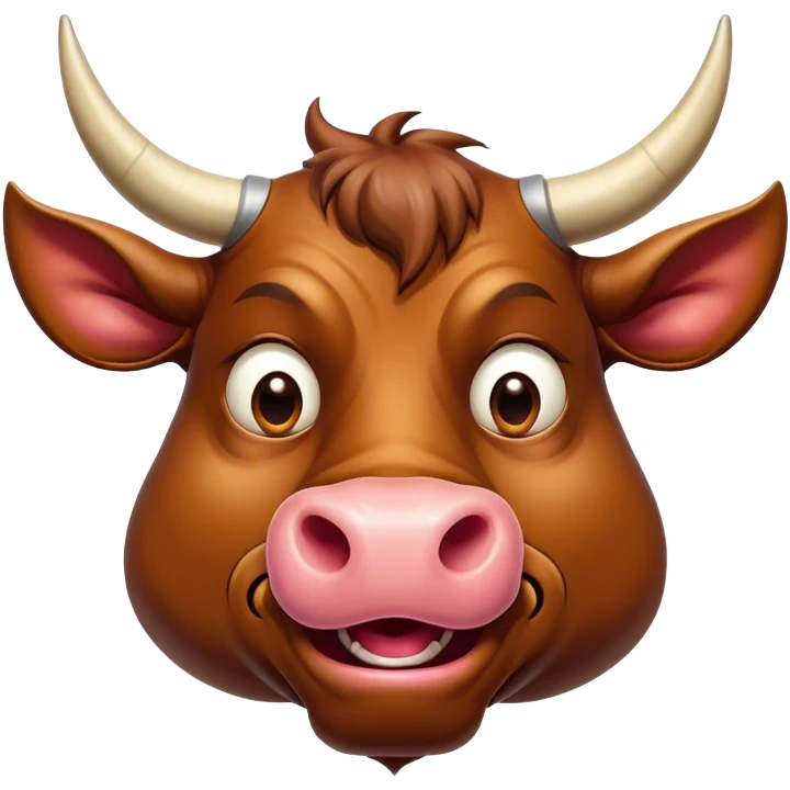 Cinematic Comical Domestic Bull Portrait Emoji, Head tilted dramatically with an exaggeratedly amused expression, featuring a striking, glossy coat with boldly defined horns and wide, expressive eyes brimming with playful disbelief, Simplified yet hilariously expressive features, highly detailed, glowing with a slightly sassy, earthy glow, high shine, dramatic yet playful, stylized with an air of cheeky rural mischief, soft glowing outline, capturing the essence of a spirited and over-the-top domestic bull that looks ready to charge its way into internet fame instantly! emoji