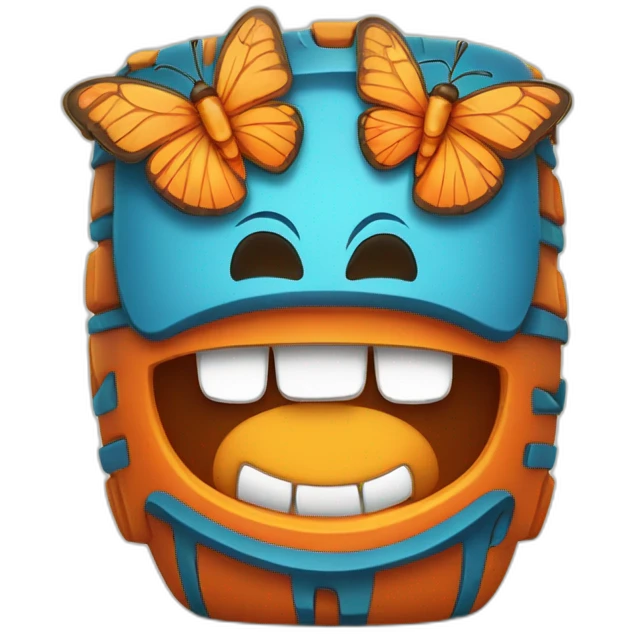 Cartoon Blue and orange smiling tiki with butterfly  emoji