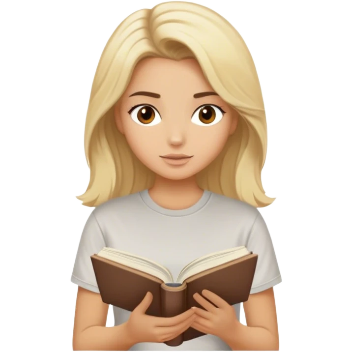 blonde model, brown eyes, medium voluminous hair, comfy t-shirt, reading a book emoji