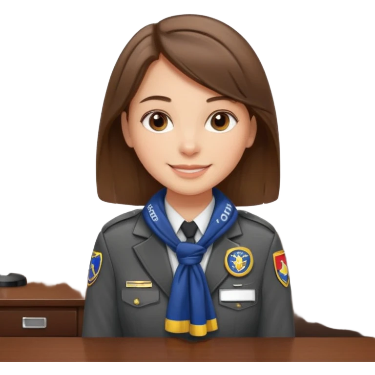 Young girl, straight hair, wearing uniform jacket with hotel name badge, tasteful scarf, stand behind the desk emoji