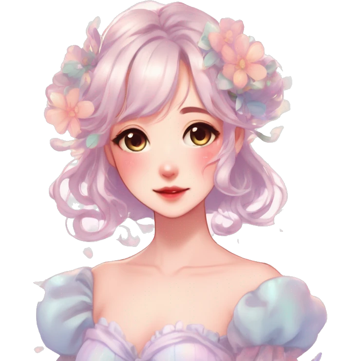 Gorgeous pastel anime style lady with blushing face with flower petals around cute dress  cottagecore fairycore pastelcore shiny colorful pearly petite simplistic aesthetic trending style emoji
