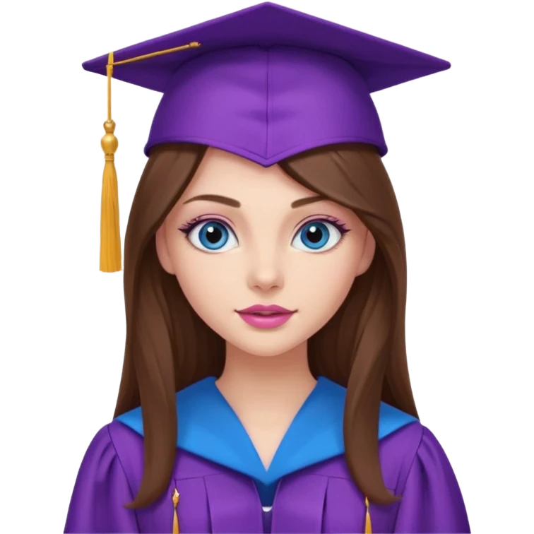 girl with gorgeous long brown hair, blue eyes, long lashes makeup, sexy pink lips, wearing a purple graduation cap and gown emoji