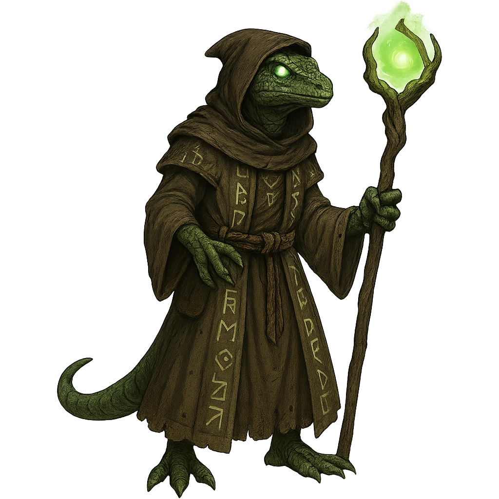 lizard man wizard, ancient runes, glowing eyes, magical staff emoji