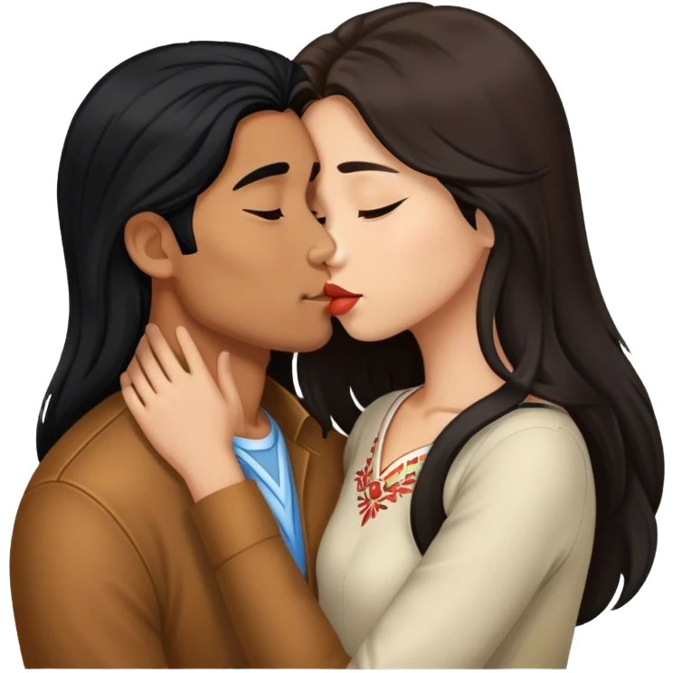 Caramel brown Guy with long black hair kissing brown hair Filipina emoji