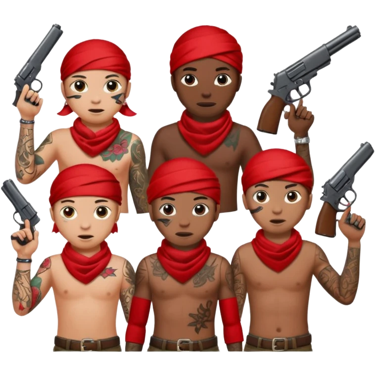 Black blood gang members with tattoos red￼ bandannas hold guns throwing up the b emoji