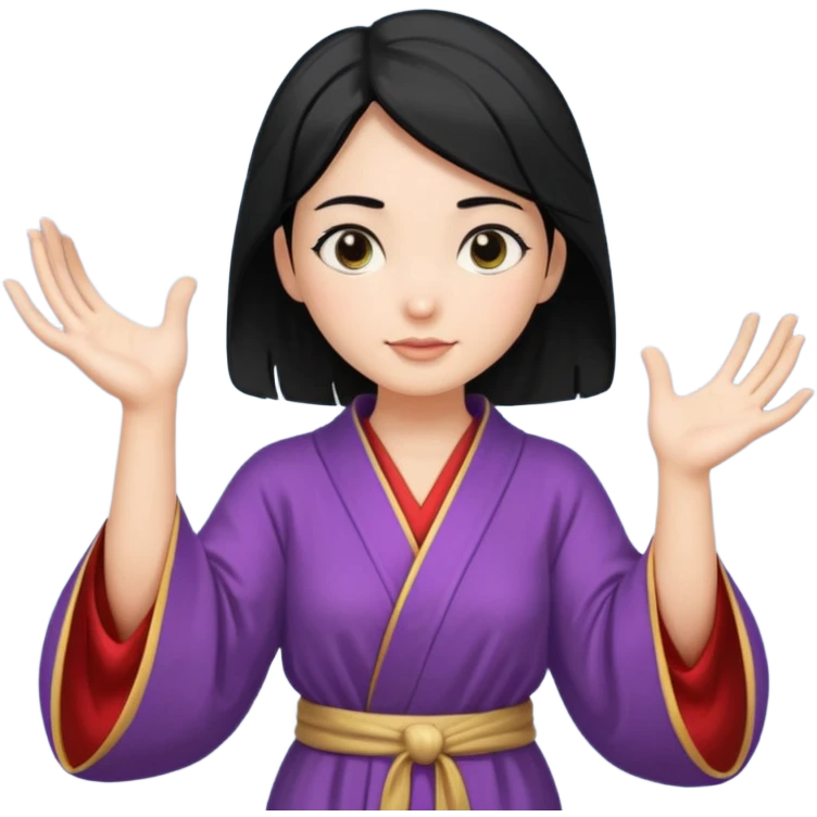 female wizard with black hair in a low bun with both hands palm up emoji
