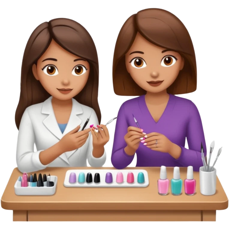 A realistic illustration of a girl with medium-length thick brown hair sitting at a manicure table. Another girl is carefully doing her nails, using professional manicure tools. Soft natural lighting, clean salon environment, detailed hands and nail work, warm and pleasant atmosphere. emoji