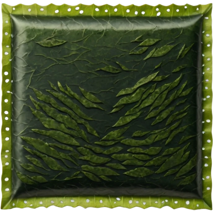 dried seaweed sheet nori, rectangular, deep green to olive, uneven edges, papery texture, thin and crisp, subtle glossy reflections, no packaging, no extra items, no faces, clean 3D, soft shadows, transparent background, emoji scale emoji