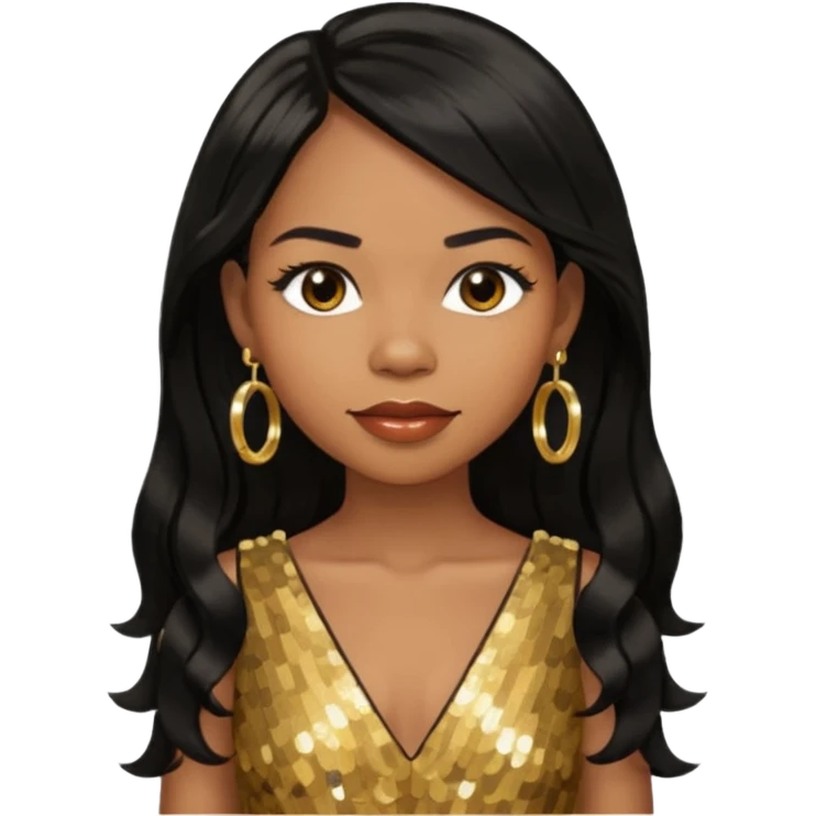 Michelle Williams R&B Singer, Long Black Hair, Medium Dark Skin, Brown Eyes, Gold Dress with earrings emoji