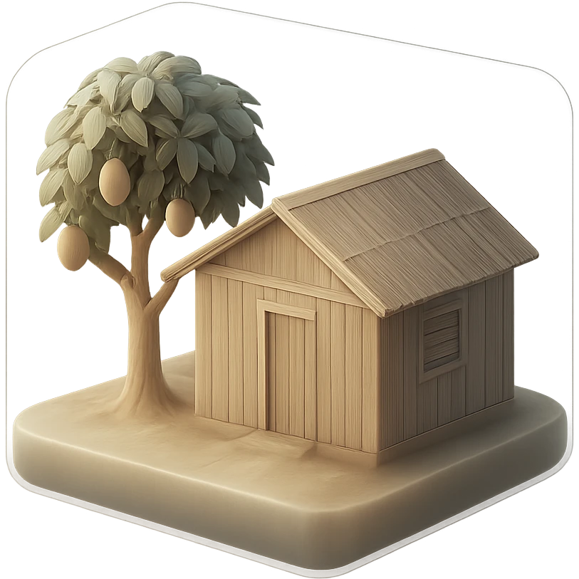 A simple light brown wooden house from a barrio with a mango tree in the yard emoji