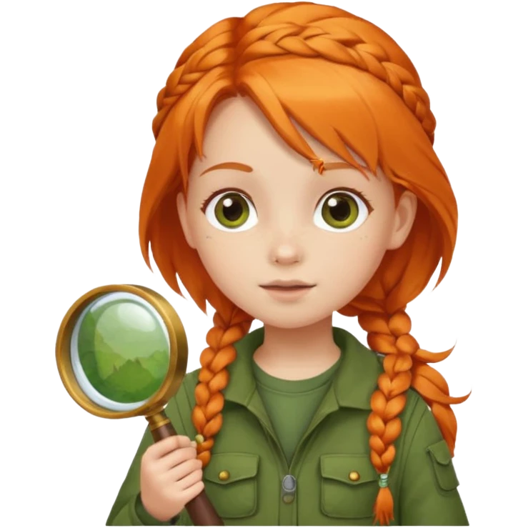 braid orange haired girl kid in moss green explorer outfit, holding magnifying glass emoji