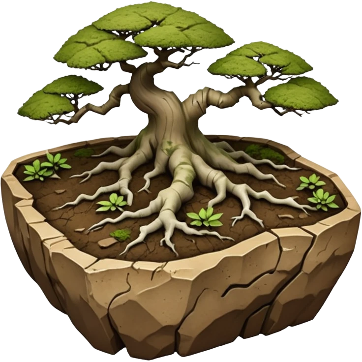 Aged Roots Stoneware akadama moss on soil irregular angular Stone Age rocks cracked crags and broken rough edges forming a very shallow Yixing bonsai pot emoji