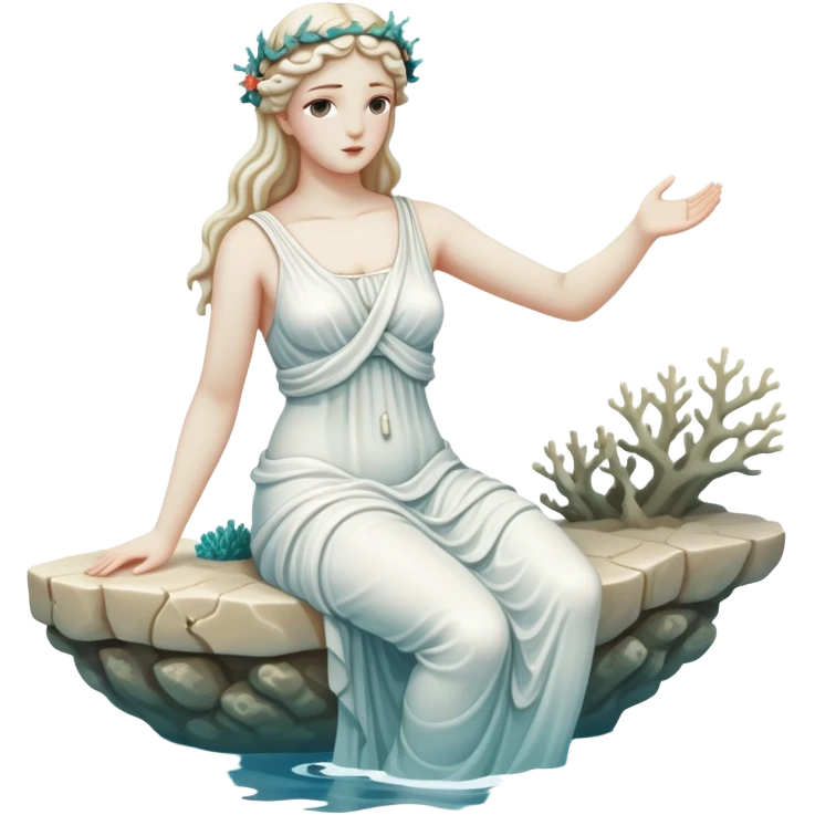 sunken white female greek statue, include water and coral in the sea emoji