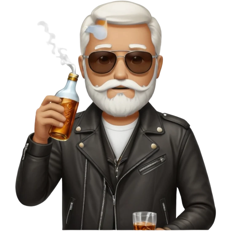 Un motero de perilla blanca, gafas oscuras chupa de cuero y bebiendo de una botella de Jack Daniel's. emoji
