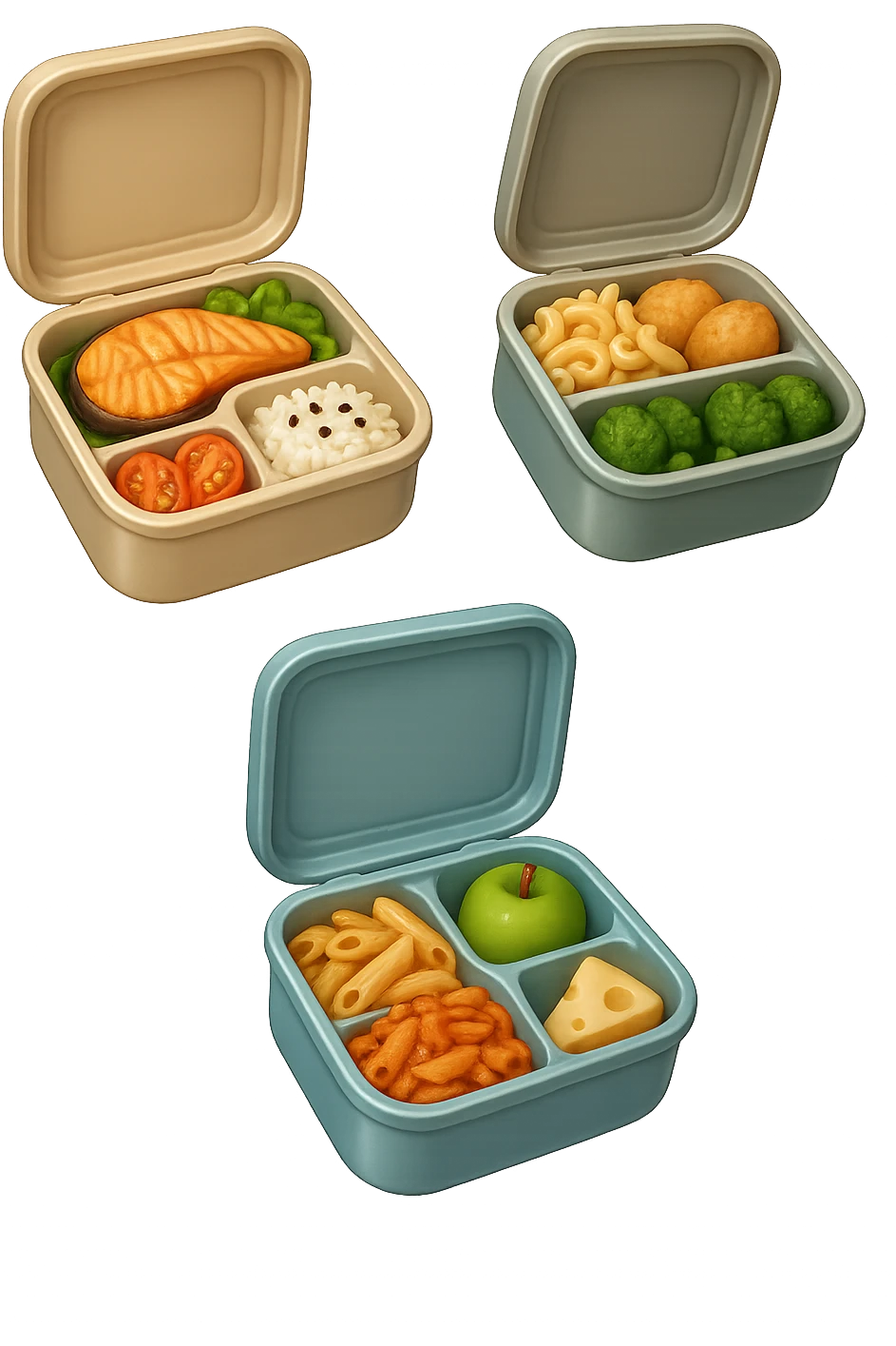 EMOJI STILE IPHONE DI UN 3 schiscette con poco cibo dentro, fluttuano in aria REALISTICA 4K emoji