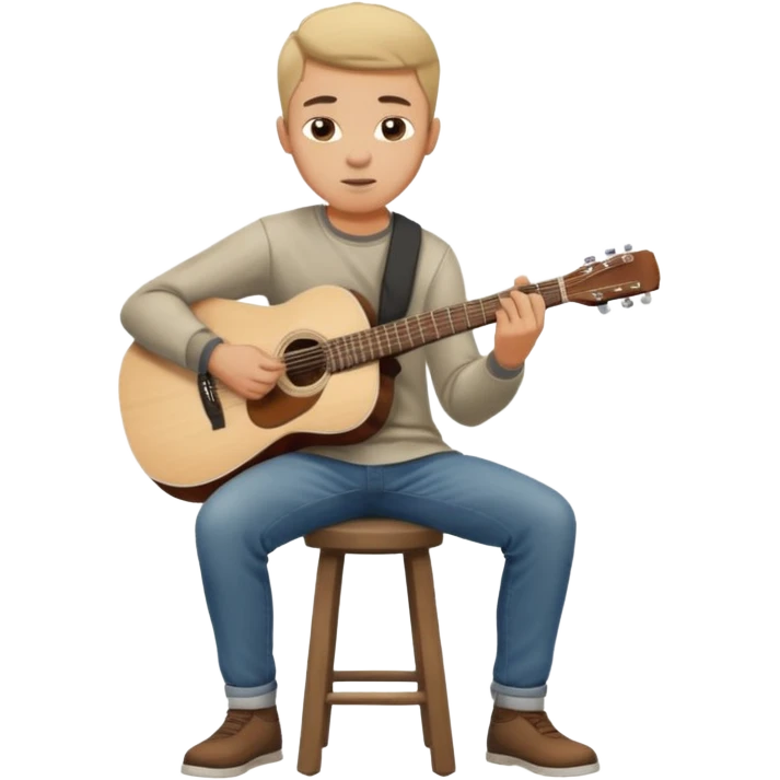 Young man – sitting on stool, casual clothes, playing acoustic guitar, focused expression.
 emoji