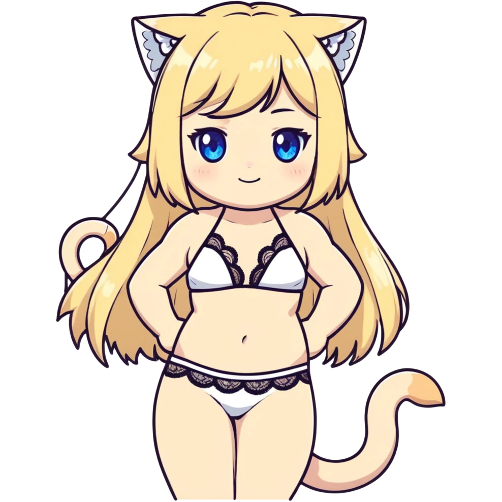 flirty petite blonde blue eyes catgirl soft body long hair freckles shy lace white bikini tight waist wide hips traditional Japanese art influence emoji