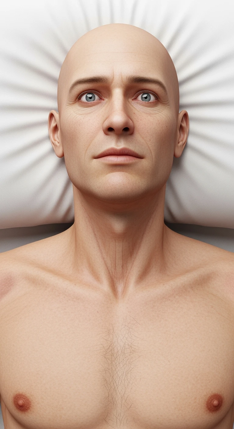 corpo umano anatomico realistico con la testa poggiata sul cuscino ma gli occhi aperti perché non riesce a dormire, visto dall'alto, sfondo bianco
IPERREALISTICO 4K emoji