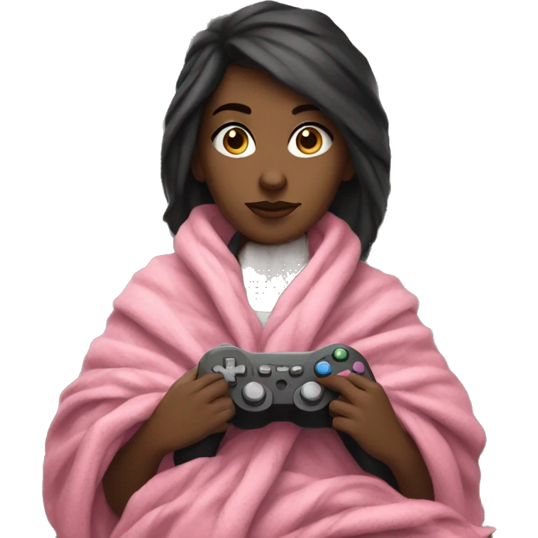White girl with dark hair wrapped up in a blanket sitting on a couch with a pink gaming controller in her hands emoji