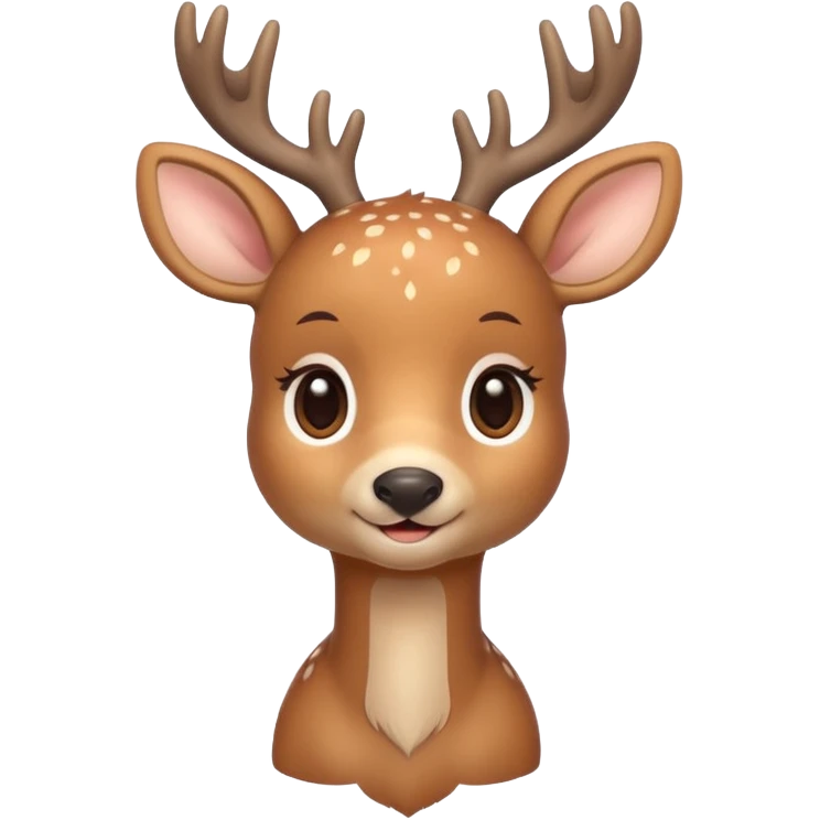 A cute deer is lying, small and simple, with big round eyes, a gentle smile, short antlers, soft beige fur with slightly lighter spots on its back, rounded cartoon-like proportions, minimal shading, vector-style, emoji