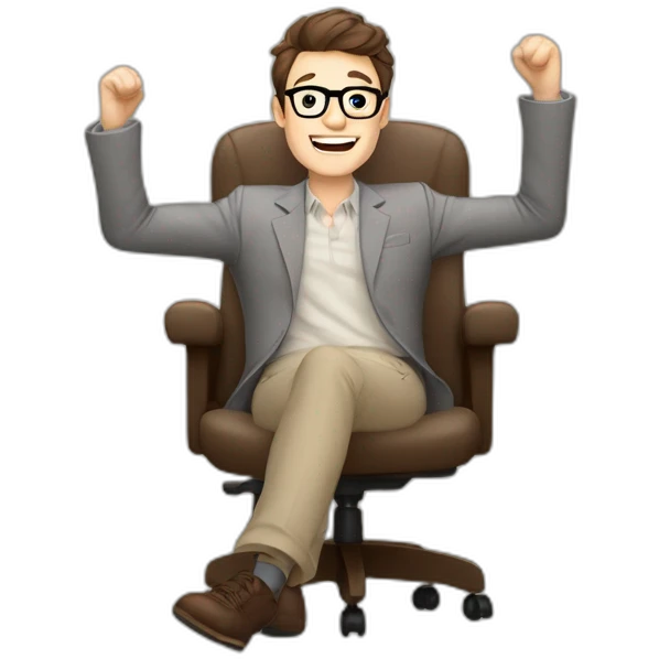 Joyful Celebrating victory Hands up Pale skinned Fit Man With dark brown hair in gray jacket, beige office shirt, Brown pants and vintage glasses sitting In a soft chair emoji