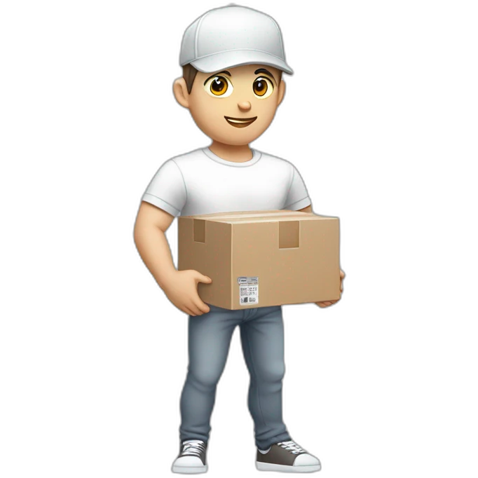 Pale skinned fit Man with dark brown hair in a white cap, gray jeans and gray polo T-shirt keeping a pasted with tape box into his hands emoji