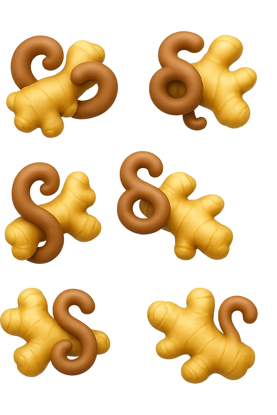 emoji stile iphone 3d di 6 piccoli pezzi di zenzero che fluttuano in aria con pezzi di colon arrotolati intorno, iperrealistico 4k emoji