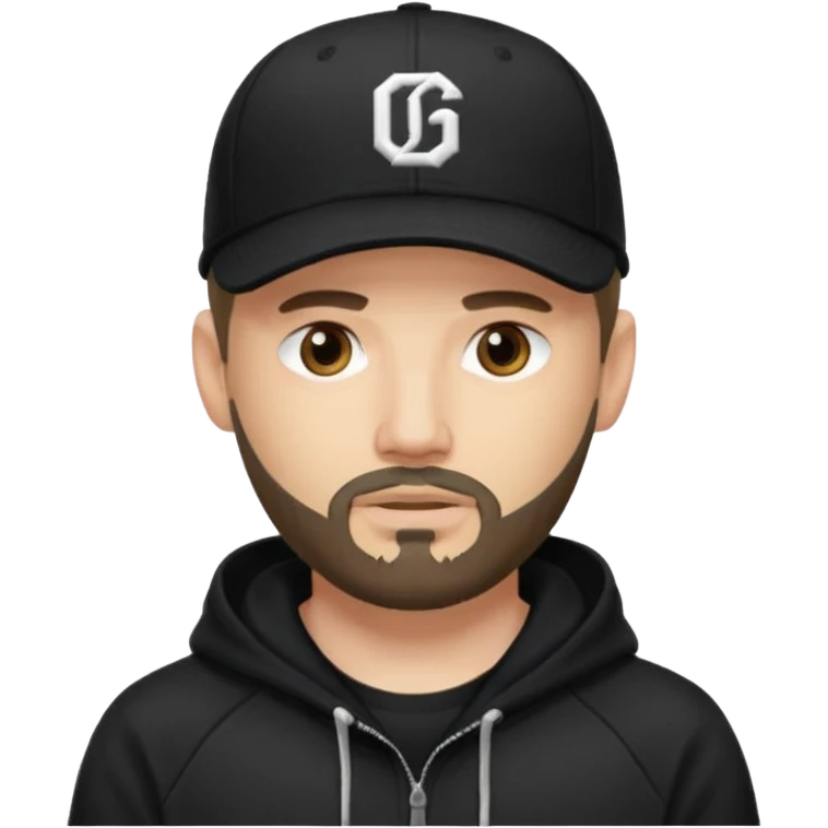 Hombre con la cara borrosa, con barba fina y perilla, gorra negra de baseball bordada con un 08, y sudadera negra emoji