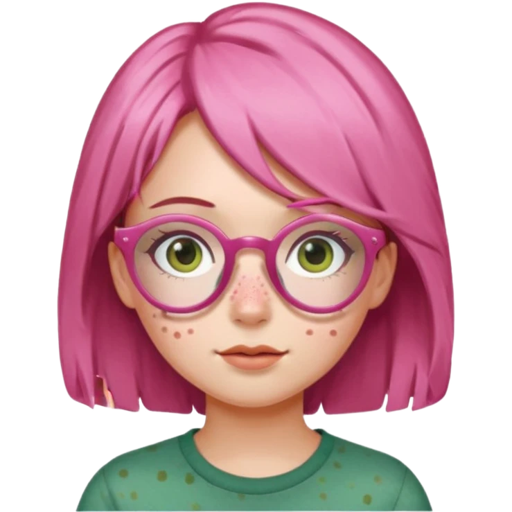 a girl with pink glasses, brownish green hair and freckles emoji
