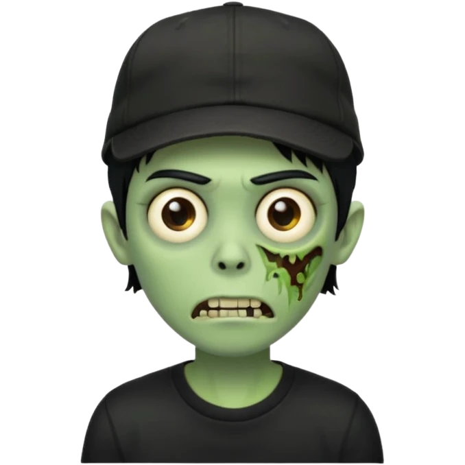 Green zombie, black hair, designer cap turned to the left, black shirt. Apple iOS style. emoji