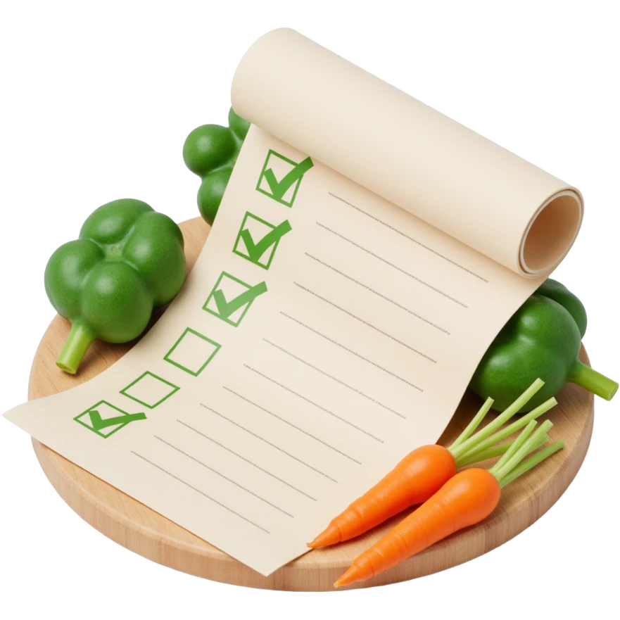 floating rolled paper list with green checkboxes and around vegetables emoji