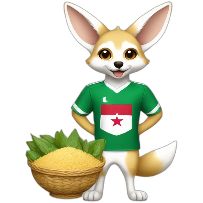 Algerian fennec wearing algerian football kit holding algerian food emoji