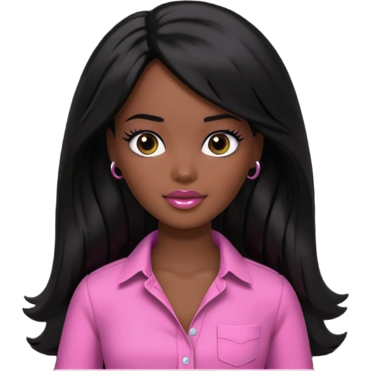 Make skin Darker skin Black barbie, long black  hair, pink  shirt  emoji