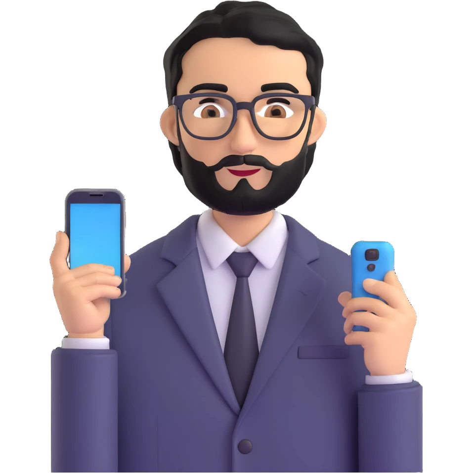 same professional man with medium black beard, neat black hair, connected unibrow, olive tan skin, brown eyes, glasses, prominent nose, dressed in formal black jacket, with mobile phone emoji