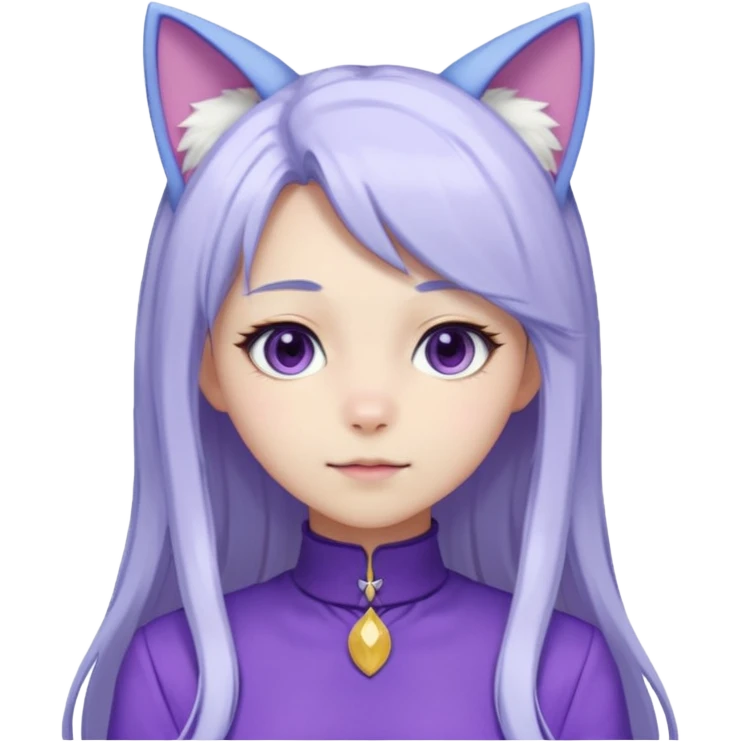 female anime character with long white hair and periwinkle highlights and cat ears on her head. She is wearing a purple outfit with a high neckline and long sleeves.  emoji