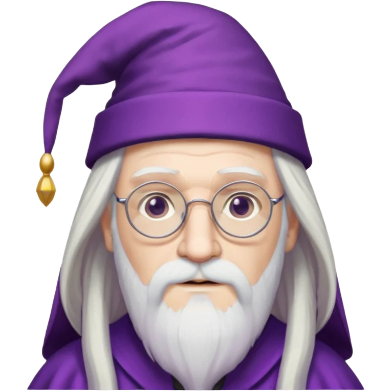 dumbledore, long white hair, wear purple magic hat, glasses emoji