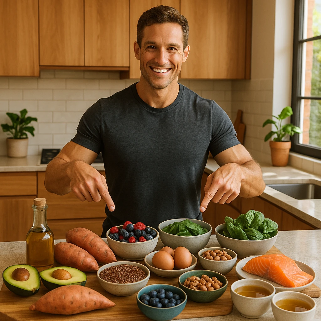 a modern, warm kitchen with natural light and wood details, a fit man stands among a colorful spread of healthy foods including avocados, sweet potatoes, olive oil, berries, quinoa, eggs, leafy greens, nuts, salmon, and herbal teas, smiling and pointing to his favorites, vibrant health-focused lifestyle photo style emoji