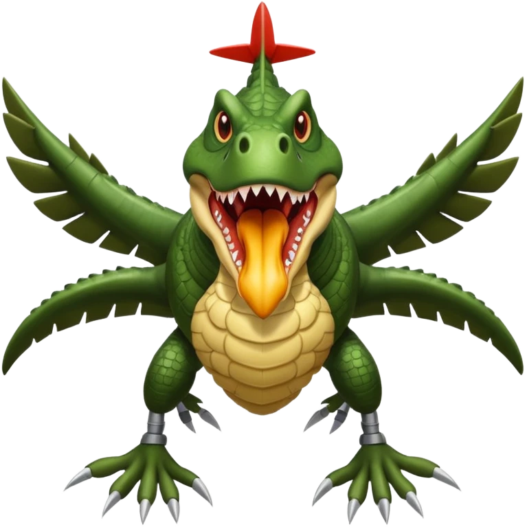 crocodile head with a terrifying mouth merged with a military bomber body, arms as airplane wings with rockets, legs as massive chicken legs like a hut on chicken legs, moving with a roar, trail of destruction emoji