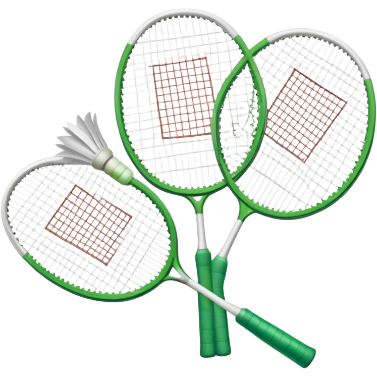 Two crossed badminton rackets with a shuttlecock resting in between, set against the faint outline of a badminton court. The image highlights the tools of the sport, with a subtle emphasis on the court's net and boundaries, symbolizing competition and skill. emoji
