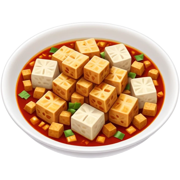 Sichuan mapo tofu spicy red dish with tofu cubes, simplified emoji style with bold outlines and bright colors, cartoon style Chinese tofu dish emoji
