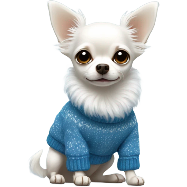 Cute white hairy Chihuahua with blue winter sweater emoji