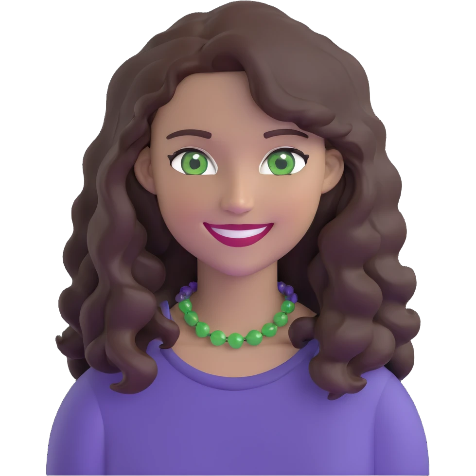 woman with wavy dark brown hair and green eyes, smiling emoji