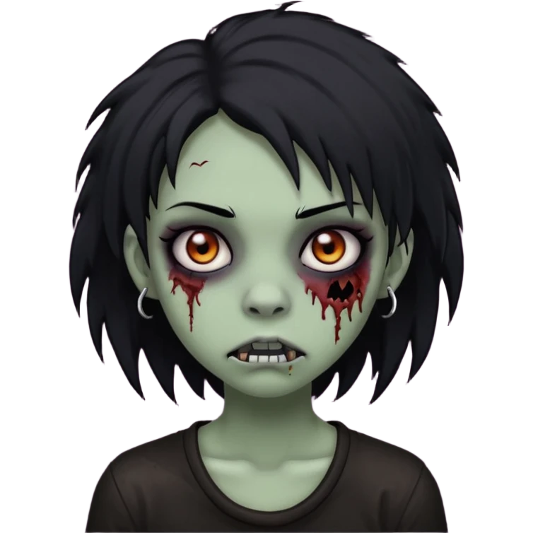 girl, zombie, black coily hair, medium long, emo, shaggy, dark, spooky, piercing on eyebrow, creepy blank expression emoji