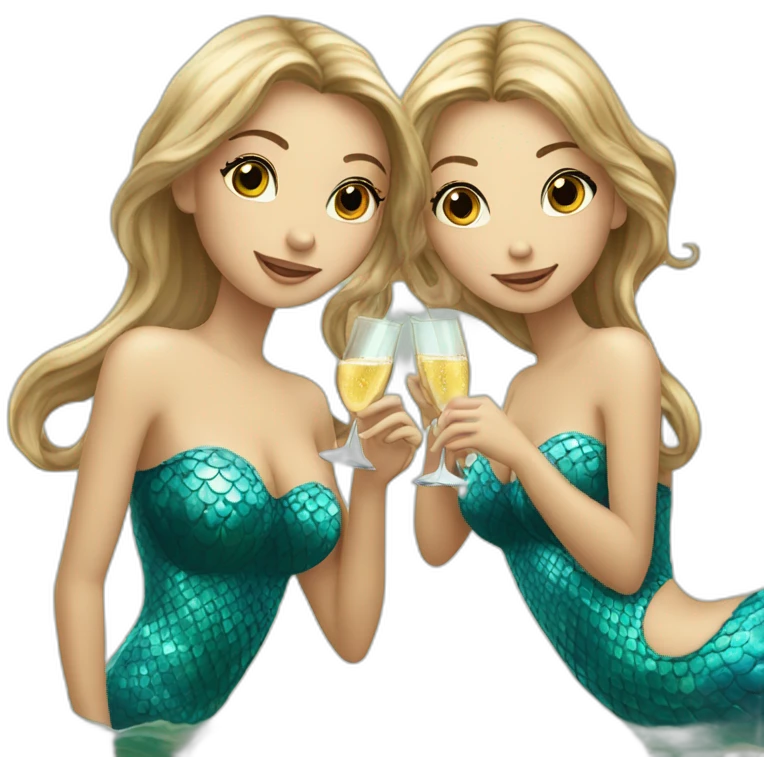 Three beautiful mermaids (two brown hair with brown eyes and blond one with blue eyes) drinking champagne emoji