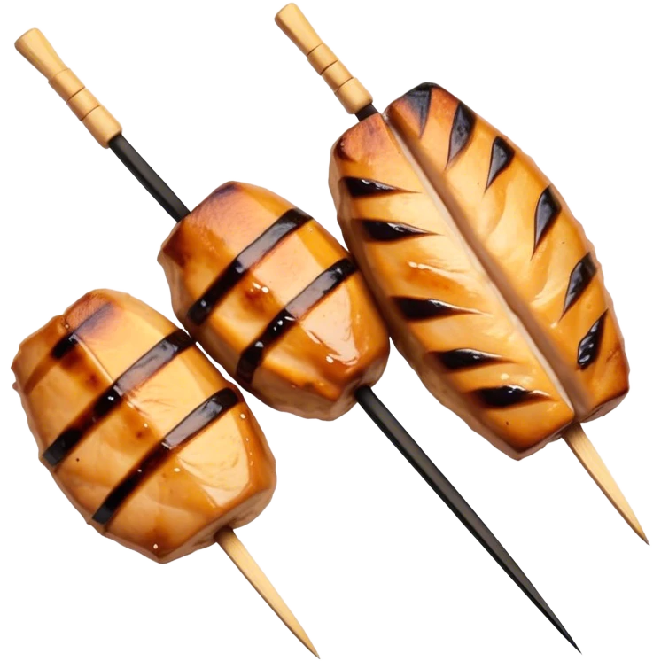 Cinematic Realistic Yakitori Dish Emoji, depicted as skewered, grilled chicken pieces with a charred finish rendered with crisp textures and appetizing, natural lighting. emoji
